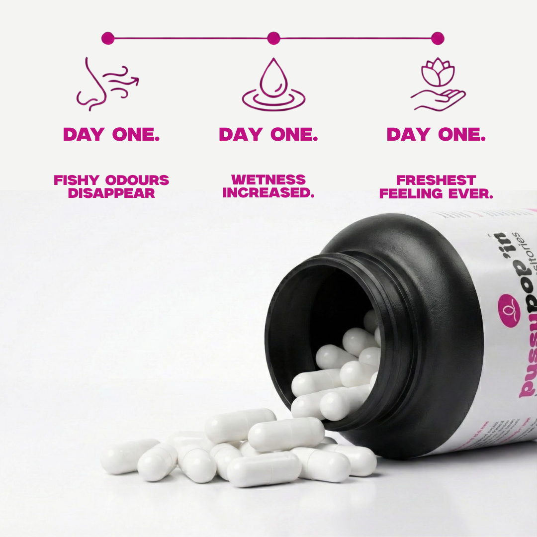 Bottle of supplements with text on a white background