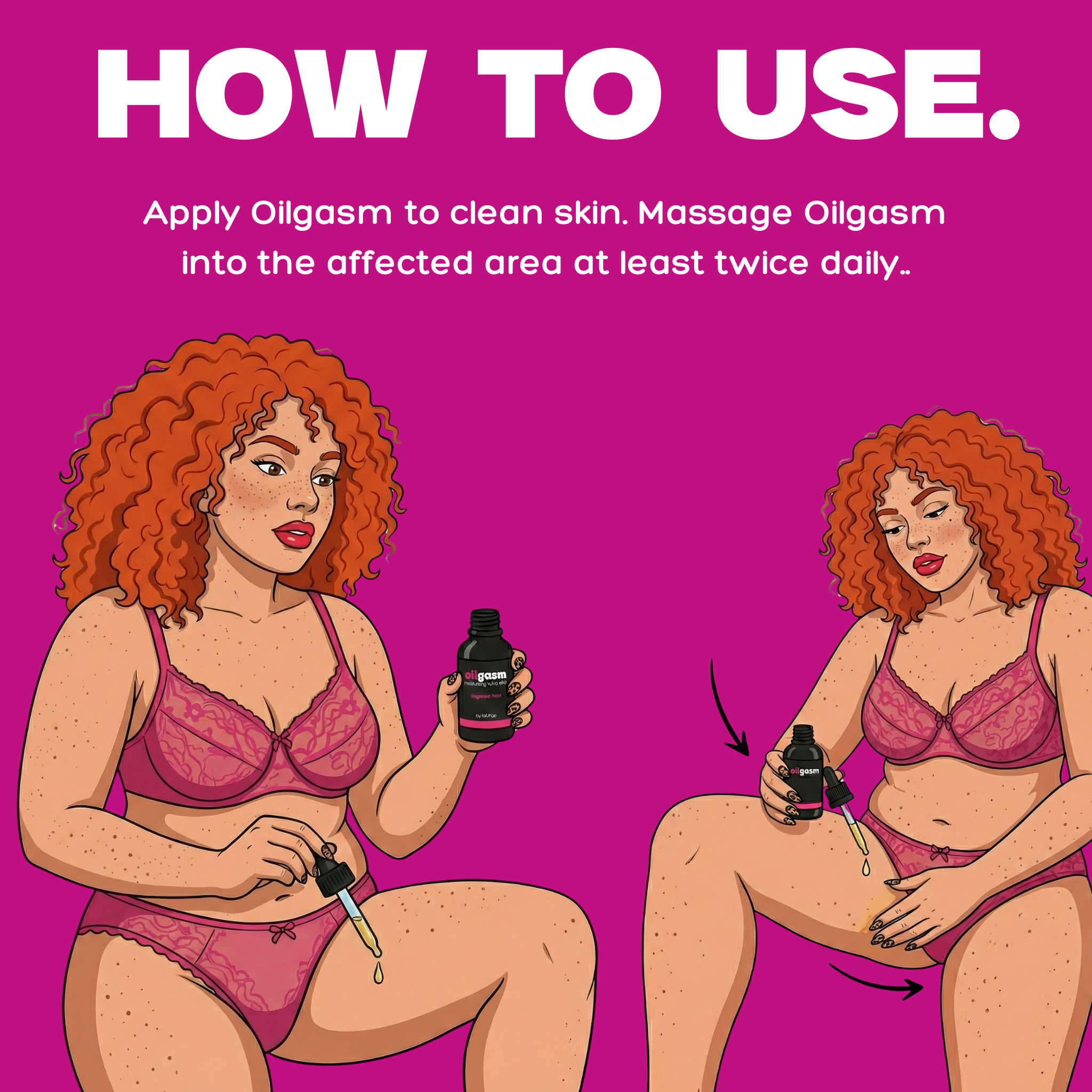 Illustration of a woman applying a product with text on a pink background