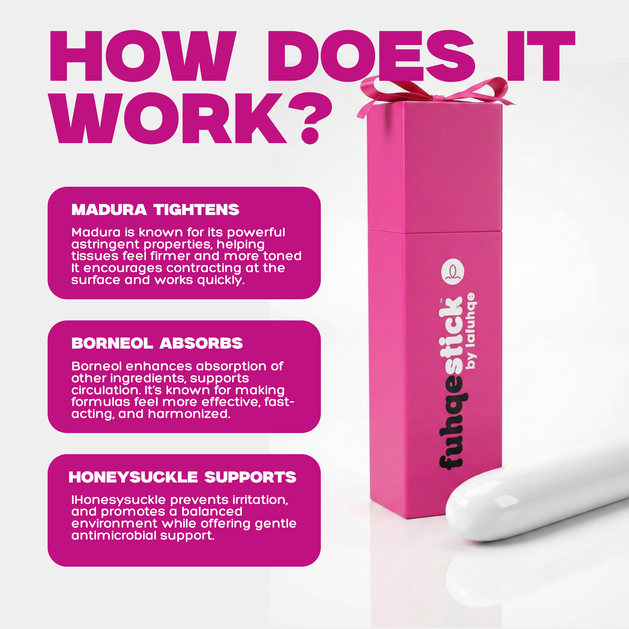 Pink product packaging with text explaining its ingredients and benefits on a white background