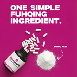 Bottle of boric acid with pills and powder on a pink background, featuring text about a 'simple fuhqing ingredient'.