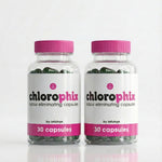 Two bottles of Chlorophix odor eliminating capsules with pink lids on a white background.