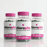 Three bottles of Chlorophix odor eliminating capsules with pink lids on a white background.