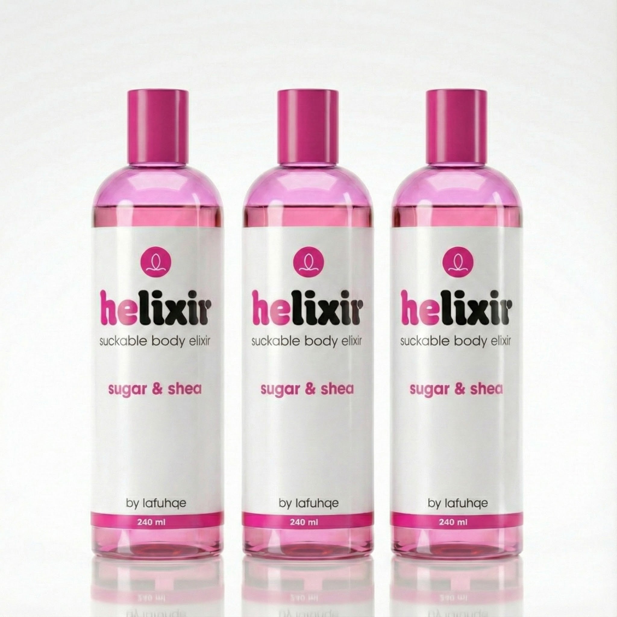 Three bottles of Helixir sugar & shea body elixir on a white background