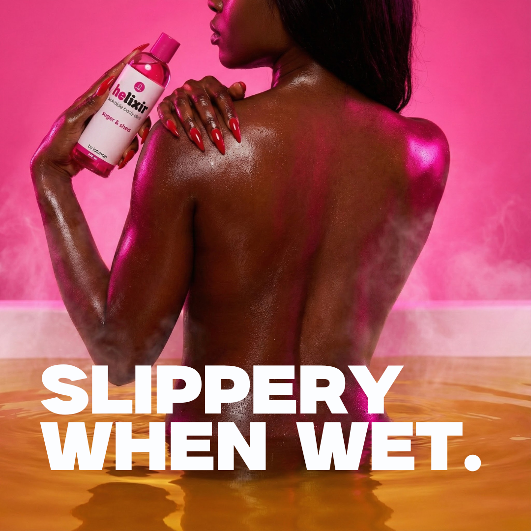 Person applying a product to their back with a pink background and text 'Slippery When Wet'.