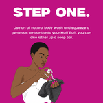 Illustration of a woman using an all natural body wash on a Muff Buff with text on a pink background.