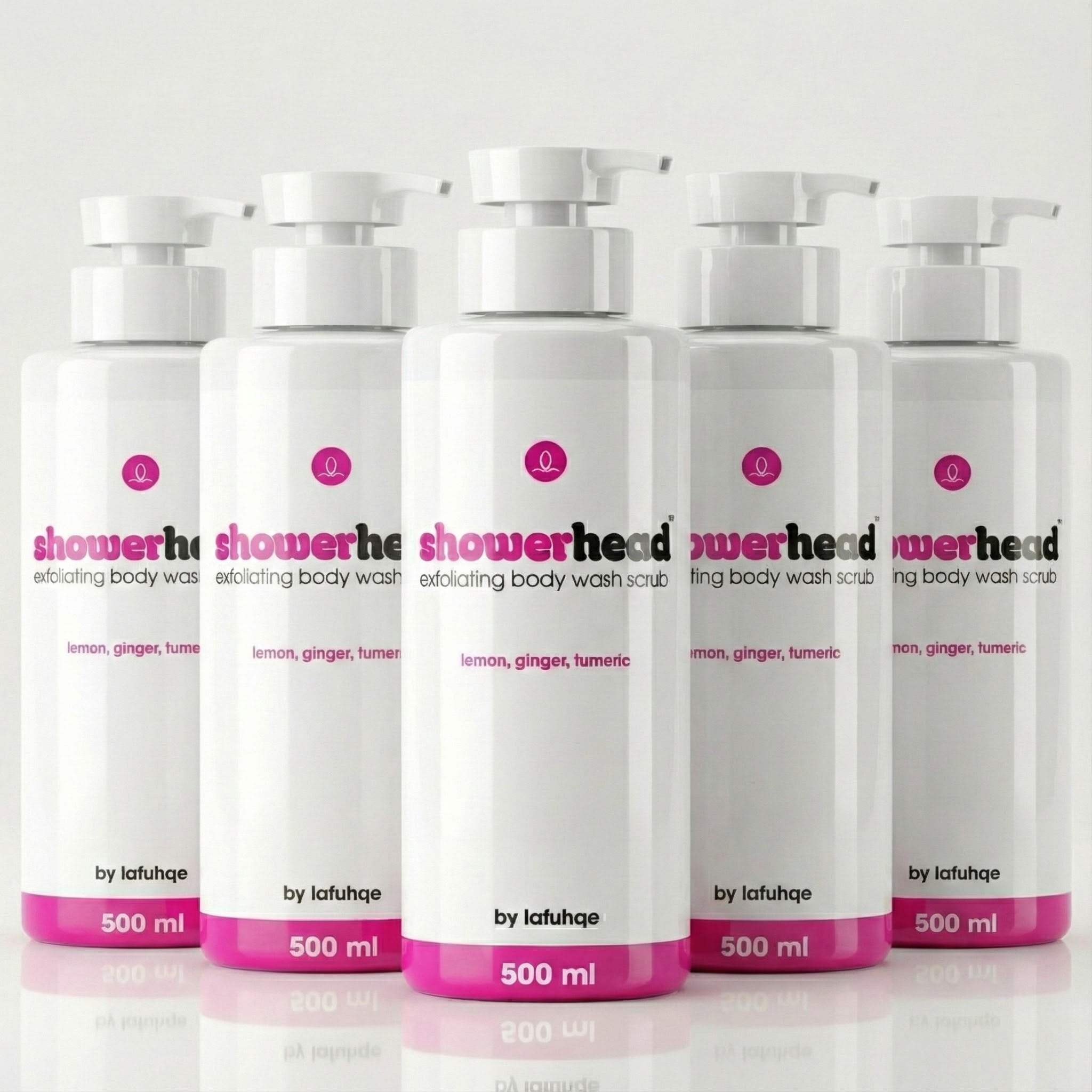 Row of white bottles with pink labels on a light gray background