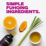 Ingredients including an orange, turmeric, lemongrass, and a bottle with text 'Simple Fuqing Ingredients' on a white background.