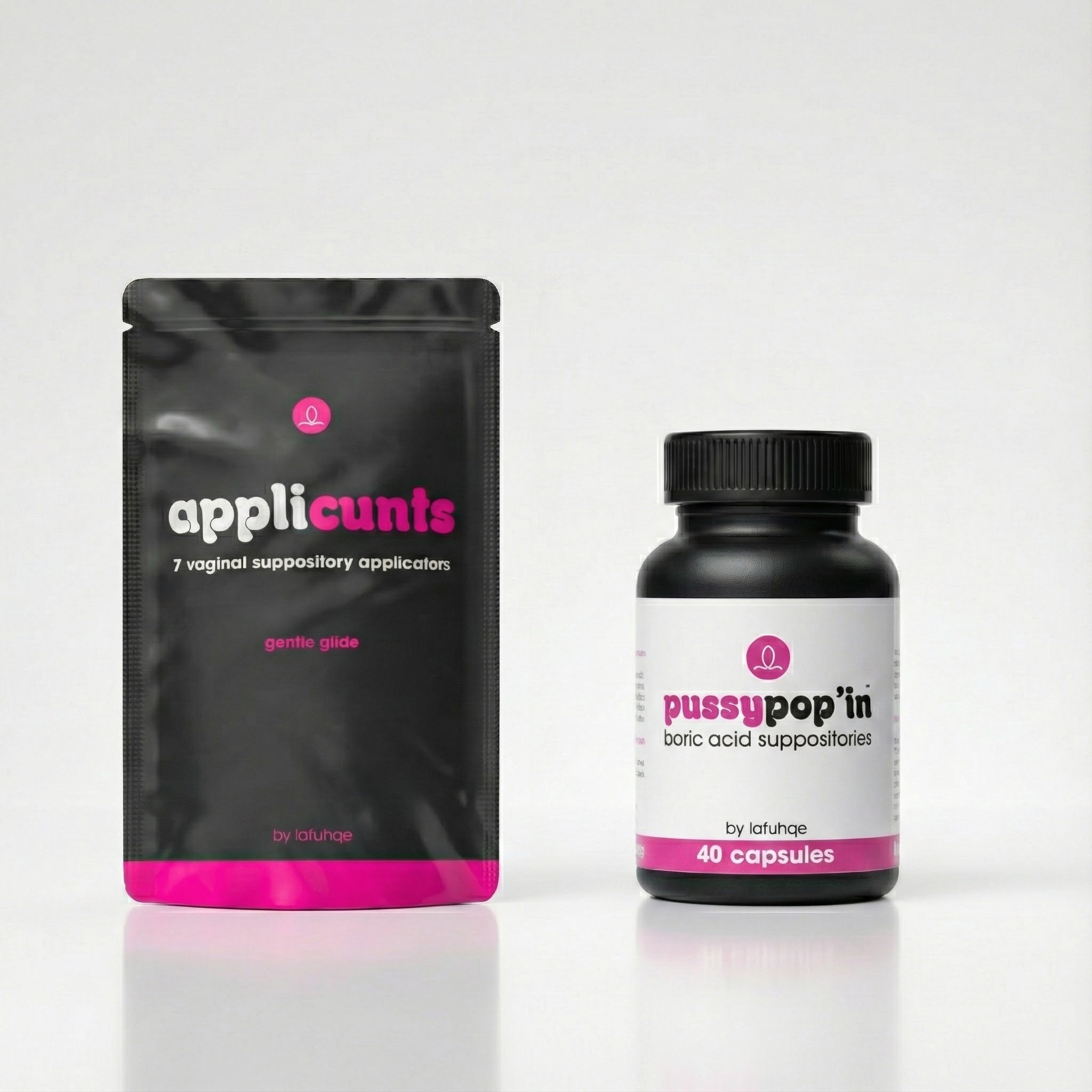 Two products, 'applicunts' and 'pussypop'in', on a white background.